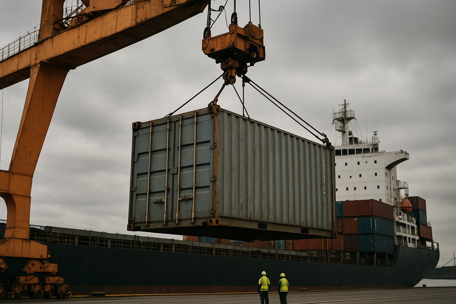 Dockside crane loading a steel shipping container onto a vessel at port