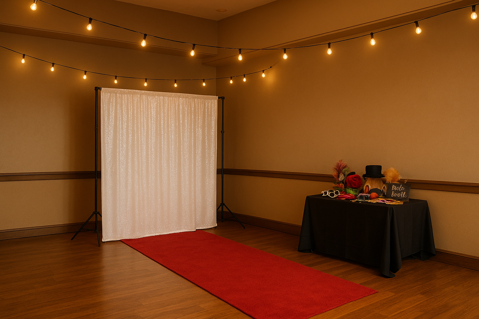 Photo booth backdrop and prop table set up before a wedding reception begins