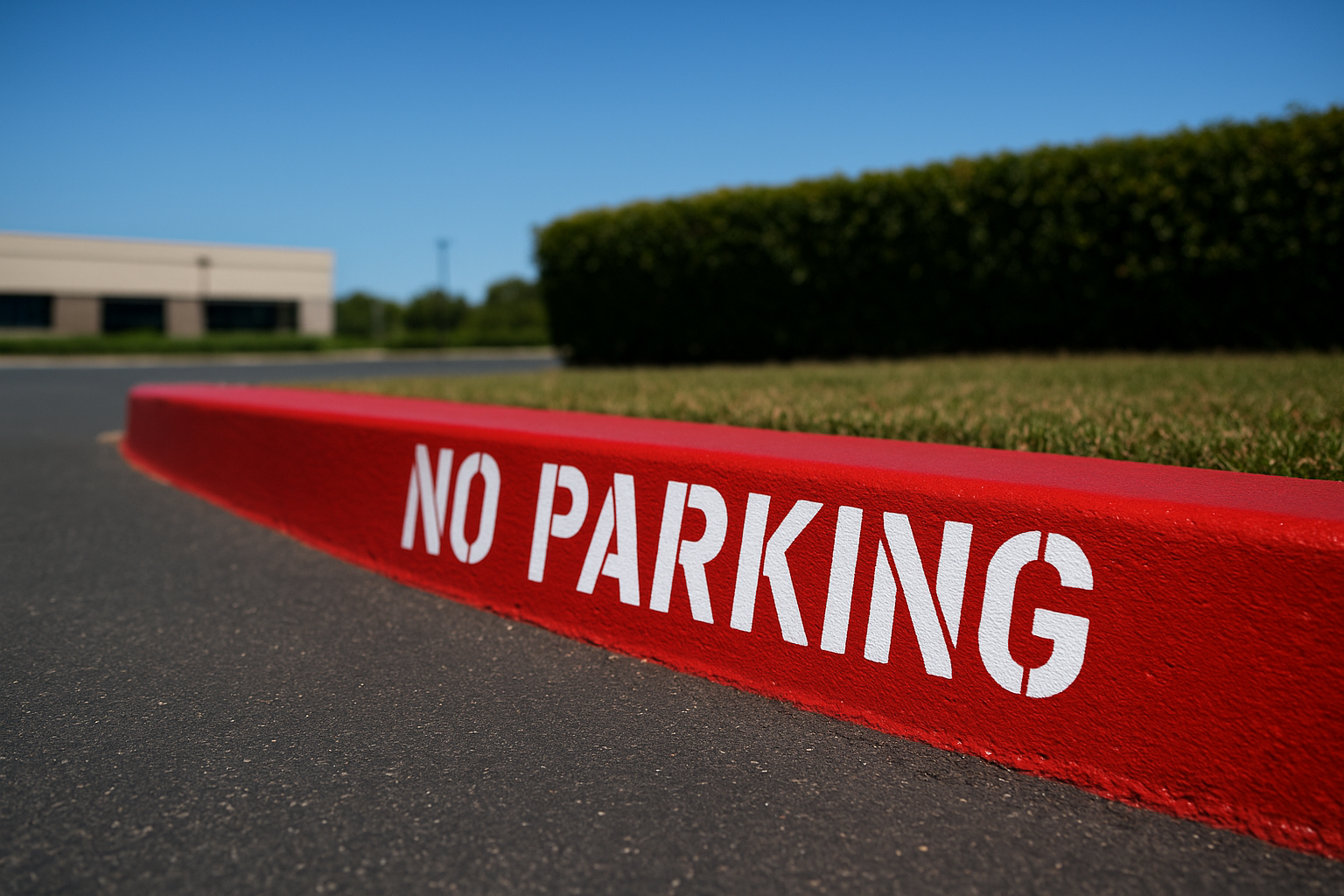 Red fire lane curb markings and no parking stencil text on a commercial parking lot curb