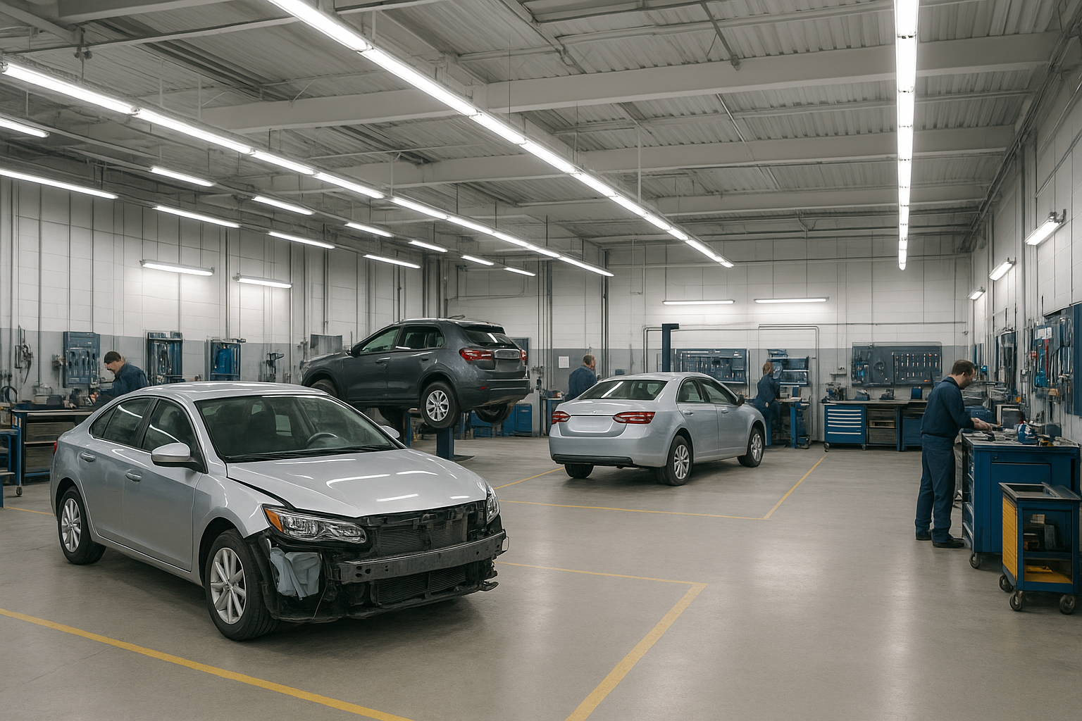 Interior of a professional auto body repair shop in Brea with vehicles undergoing collision restoration