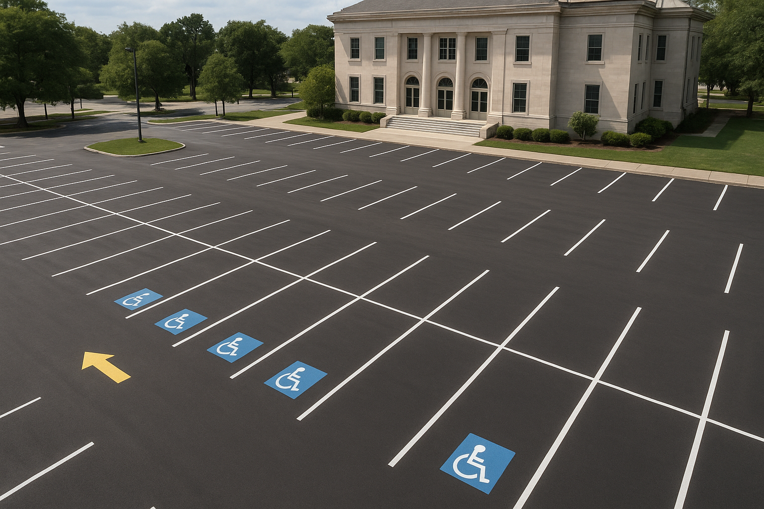 Municipal parking lot services project showing freshly striped ADA stalls and directional arrows