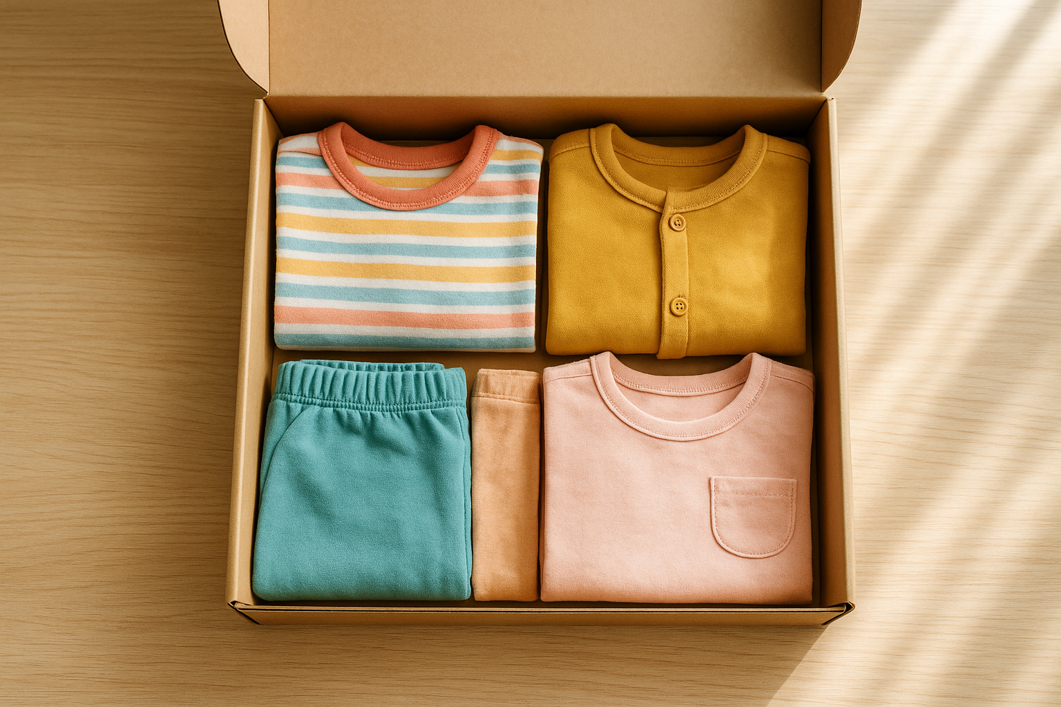 Open monthly kids clothing subscription box with colorful folded children's outfits on a wooden surface