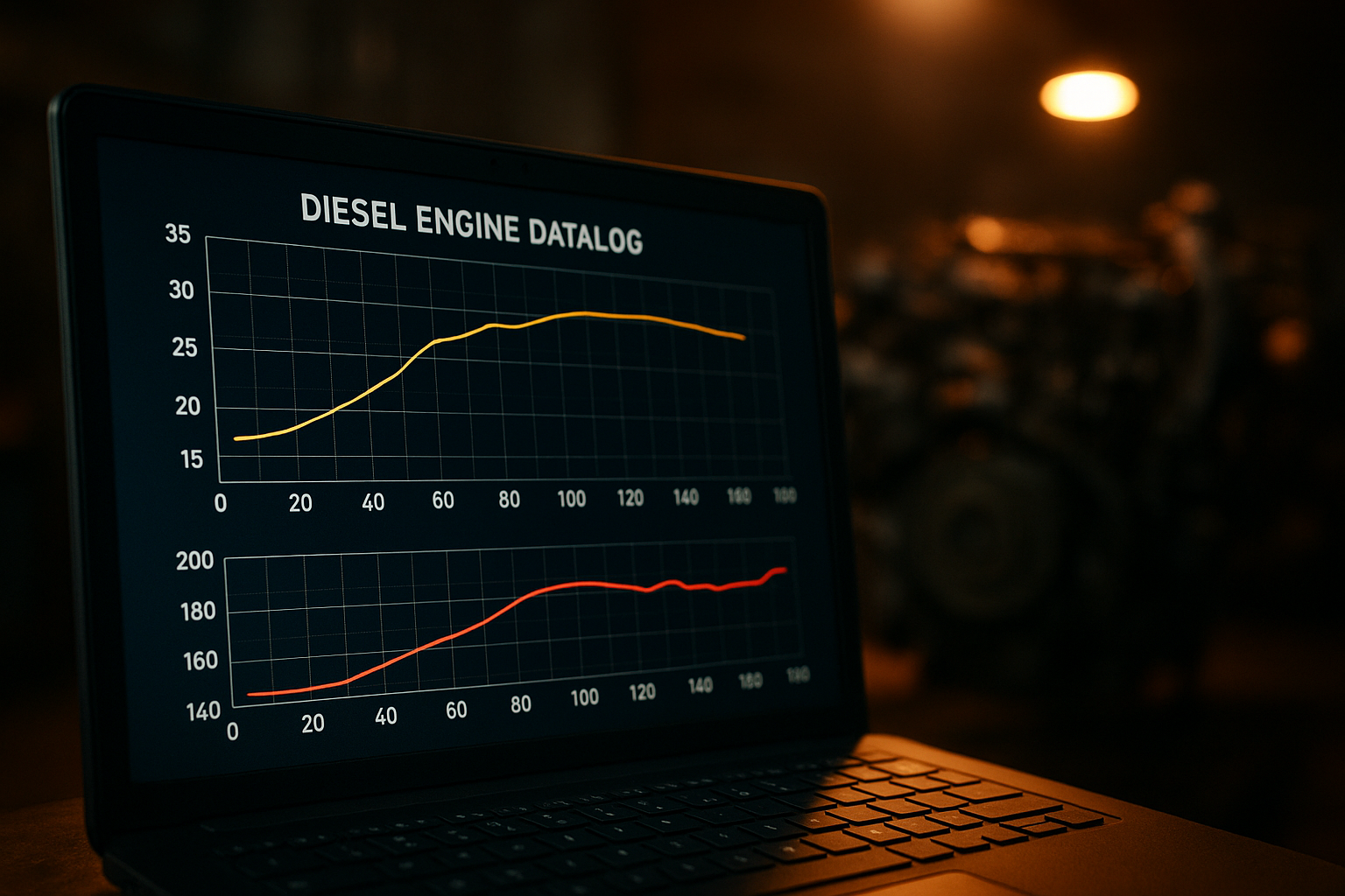 Laptop screen showing a Duramax diesel tuning software datalog graph with boost and EGT traces