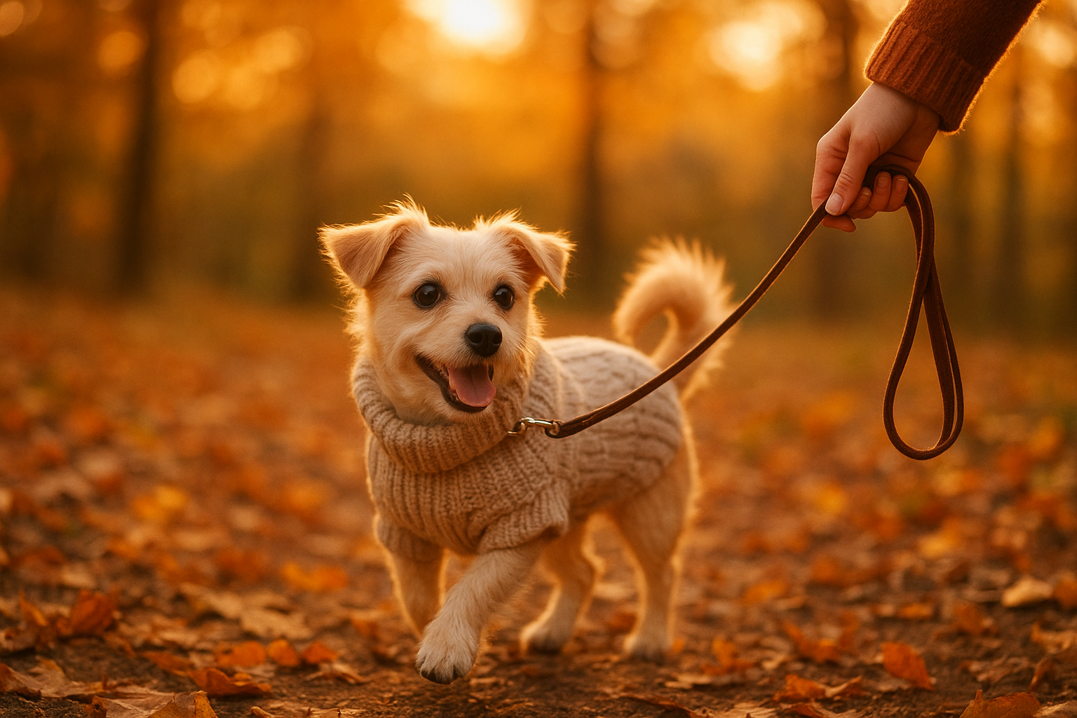 Small dog dressed for comfort during a walk as part of vip pet care
