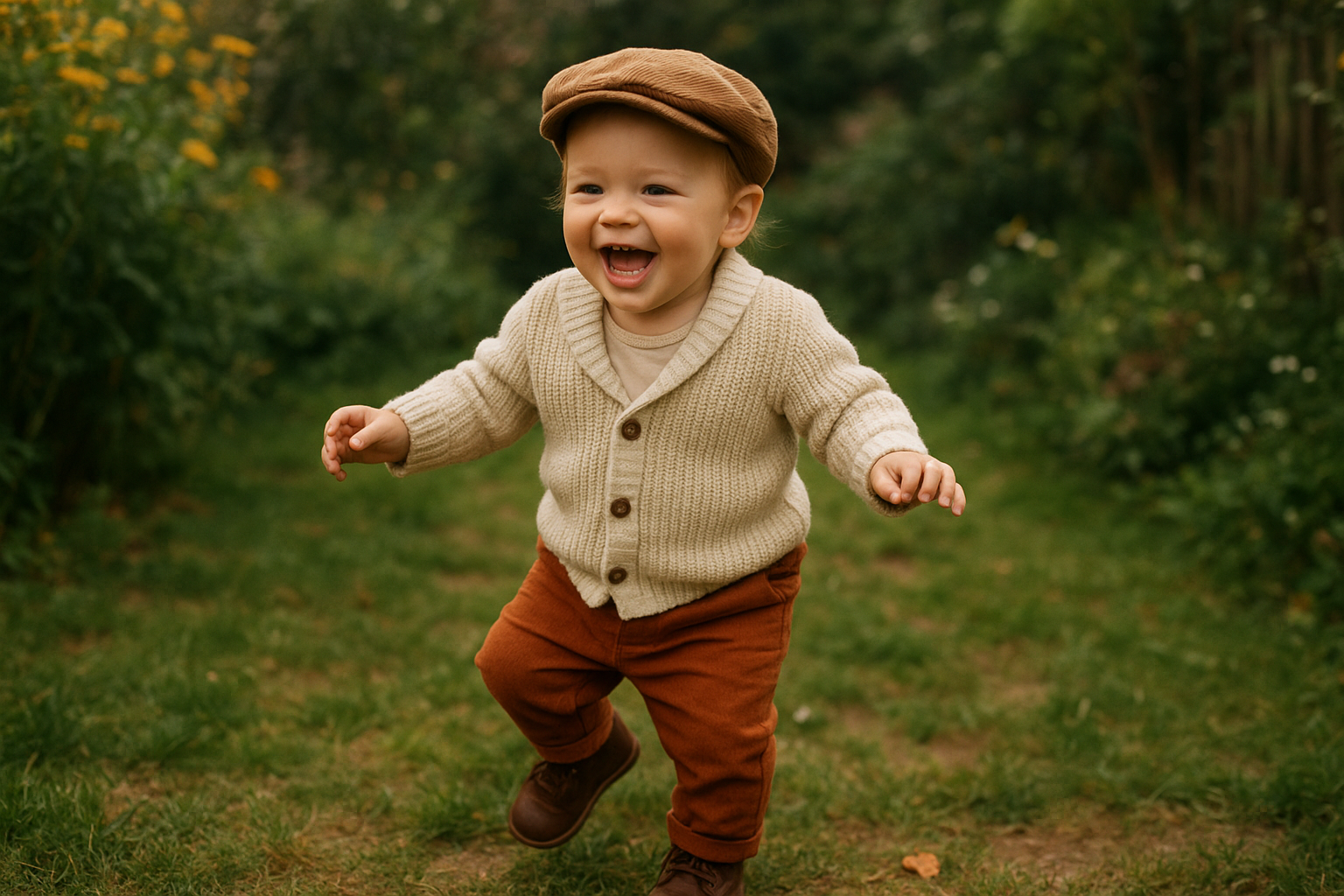 Toddler wearing stylish rented outfit playing outside in natural light