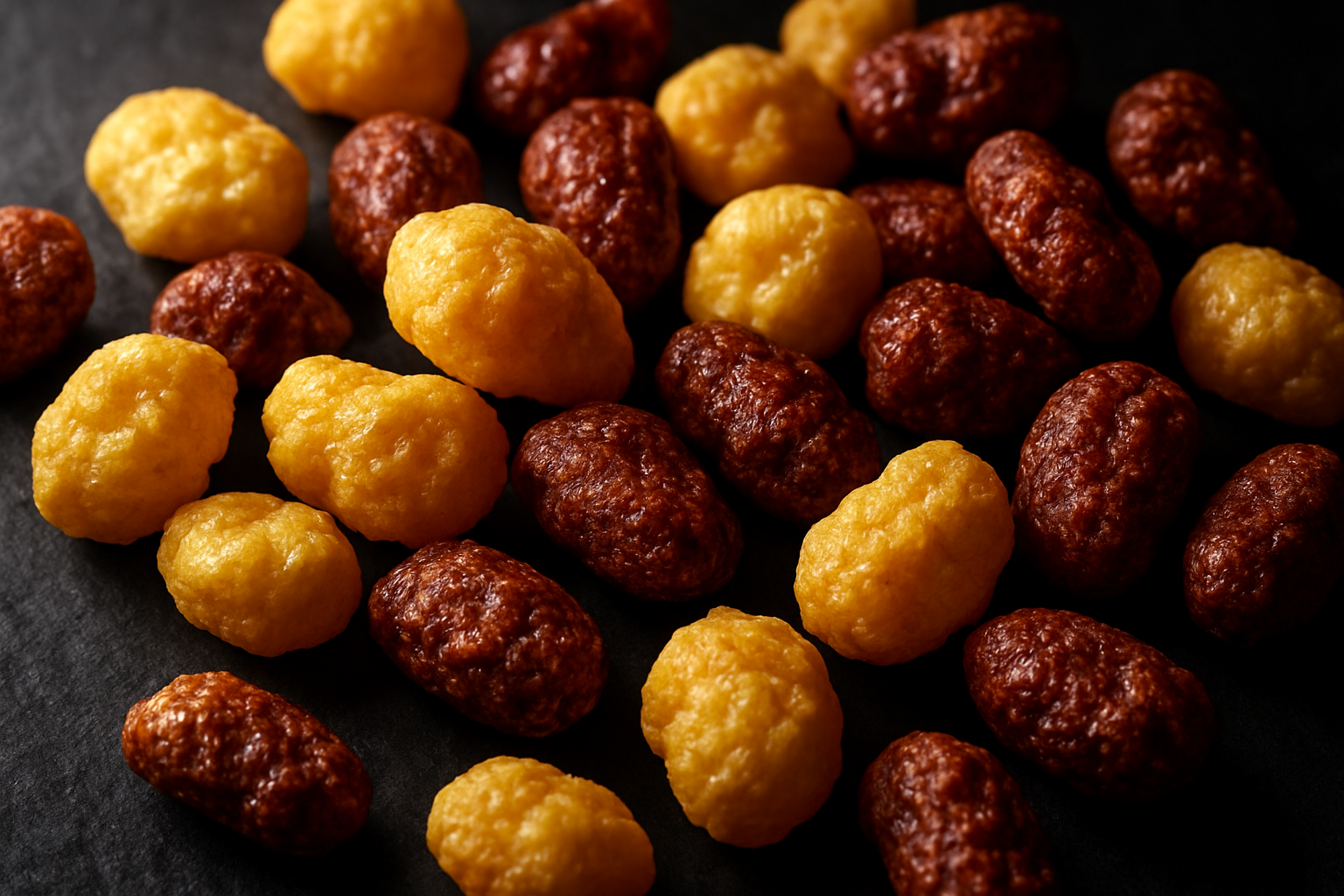 Close-up of golden puffed corn and puffed wheat pieces showing airy texture