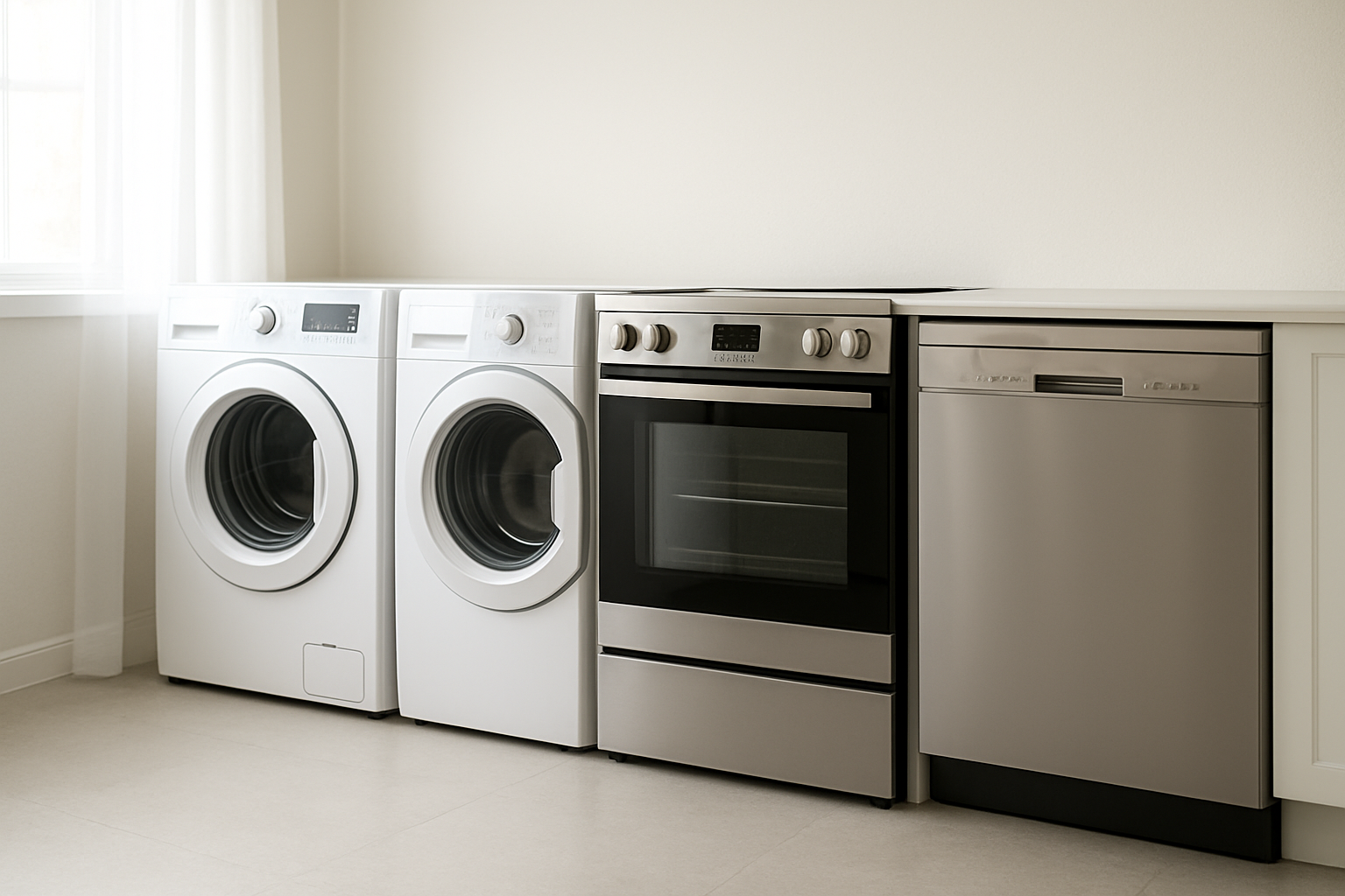 Row of major home appliances including a washer, dryer, and oven serviced by repair technicians
