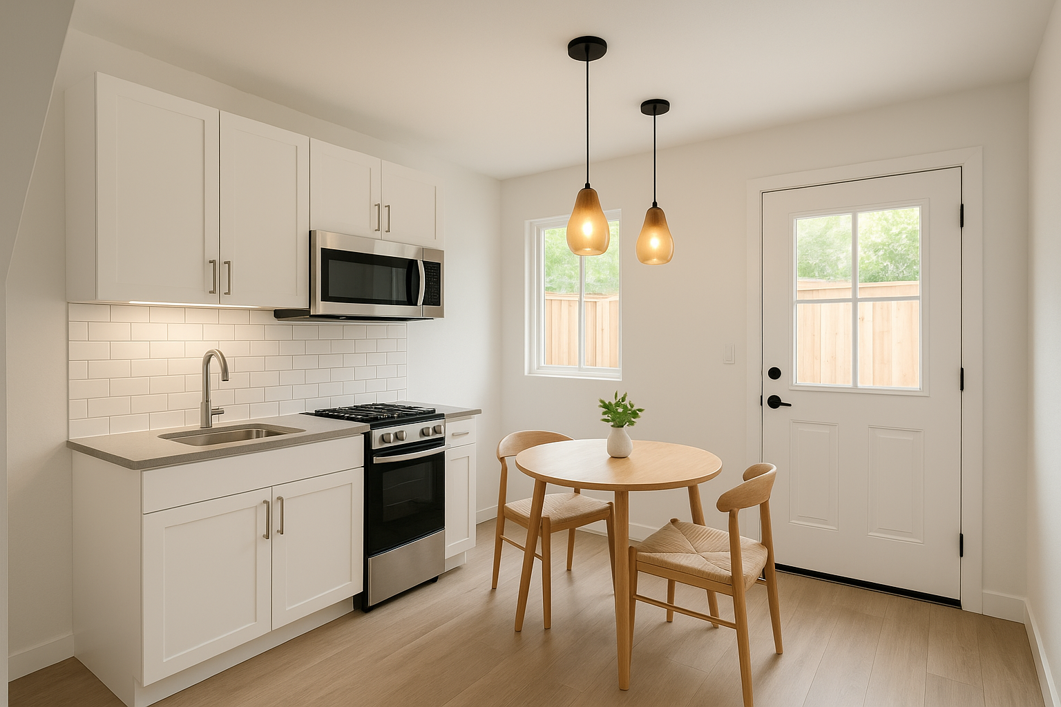 Modern junior ADU interior converted from a garage with compact kitchen and private entrance