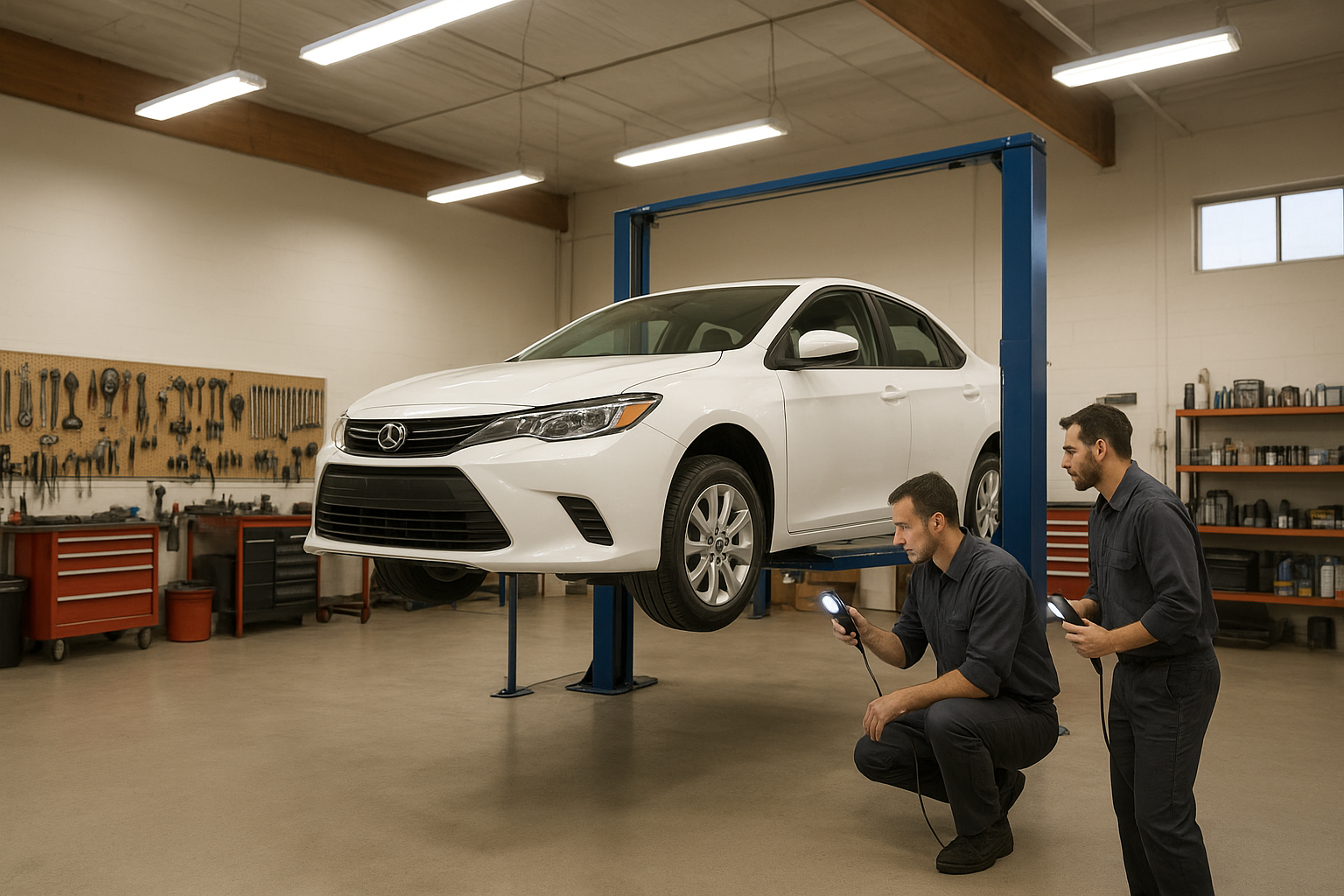 Modern auto body repair shop with technicians inspecting a white sedan for scratch damage and buffing needs