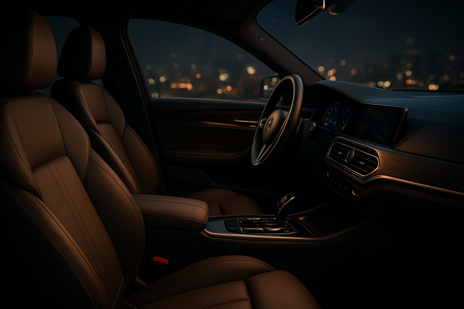 Interior of a luxury vehicle used for Pomona chauffeur transportation at night