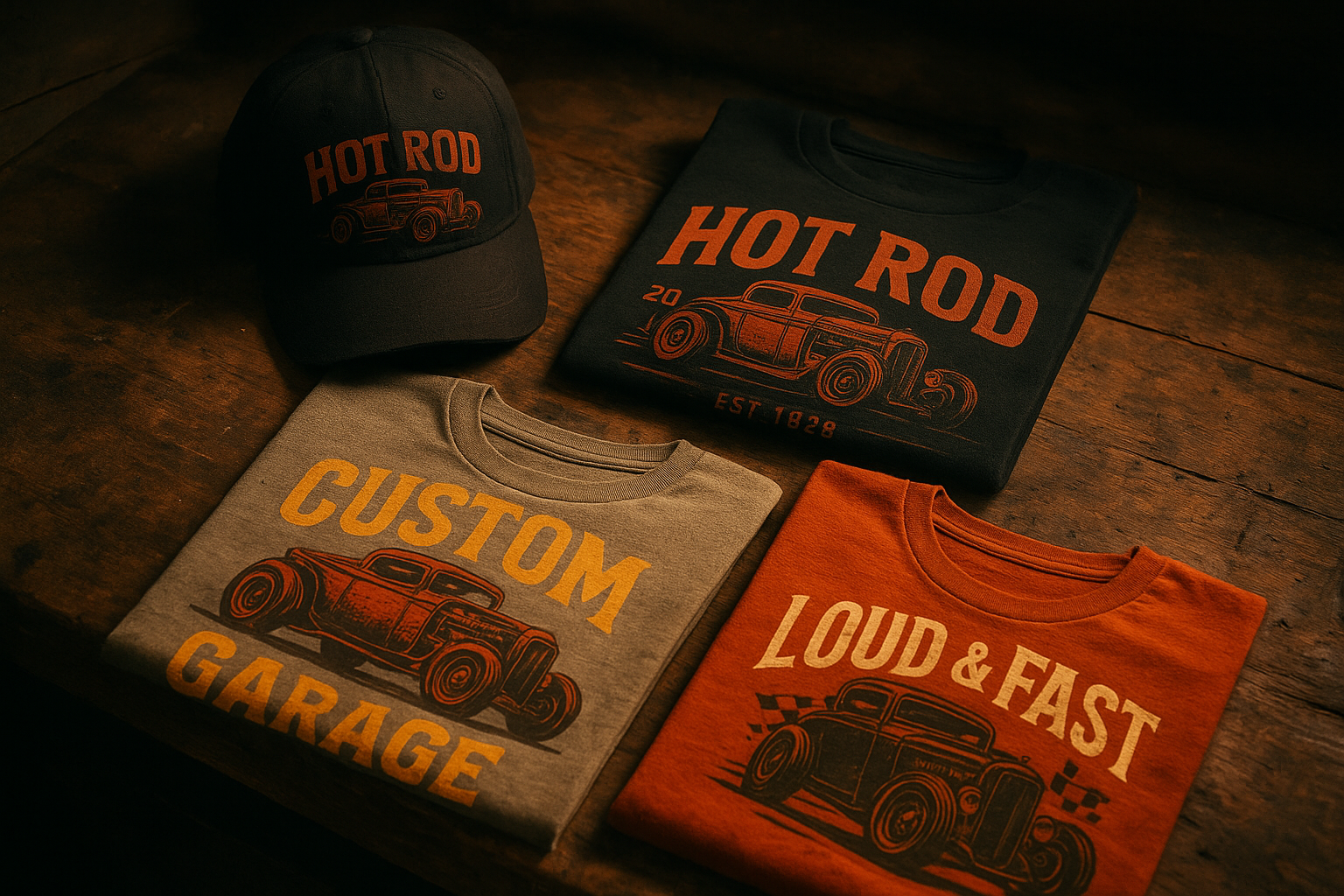 Custom apparel for motor enthusiasts displayed as folded T-shirts and caps on a garage workbench