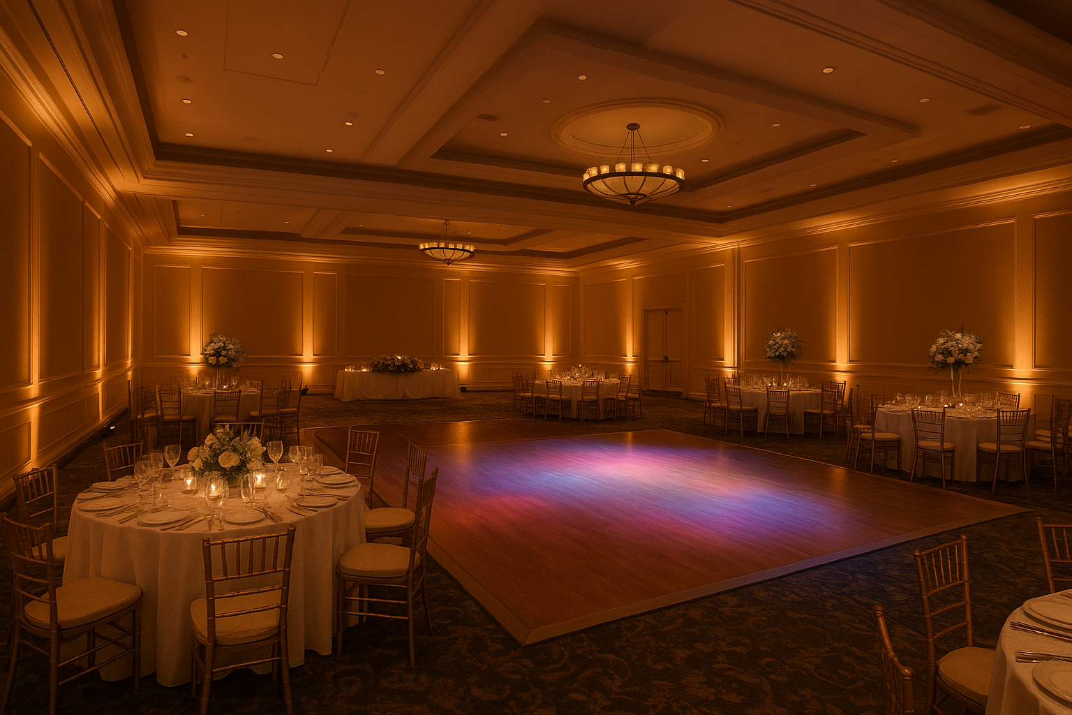 Wedding reception hall showing coordinated lighting design as part of event audio-visual management