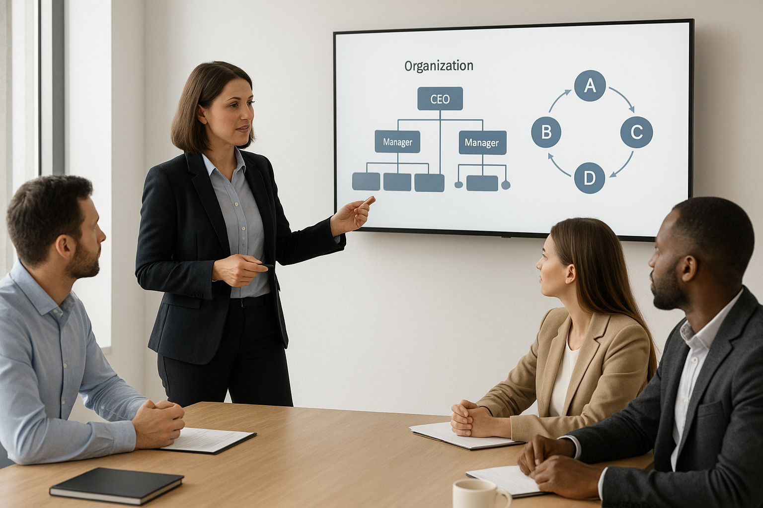 HR consultant presenting an organization development framework to company leaders