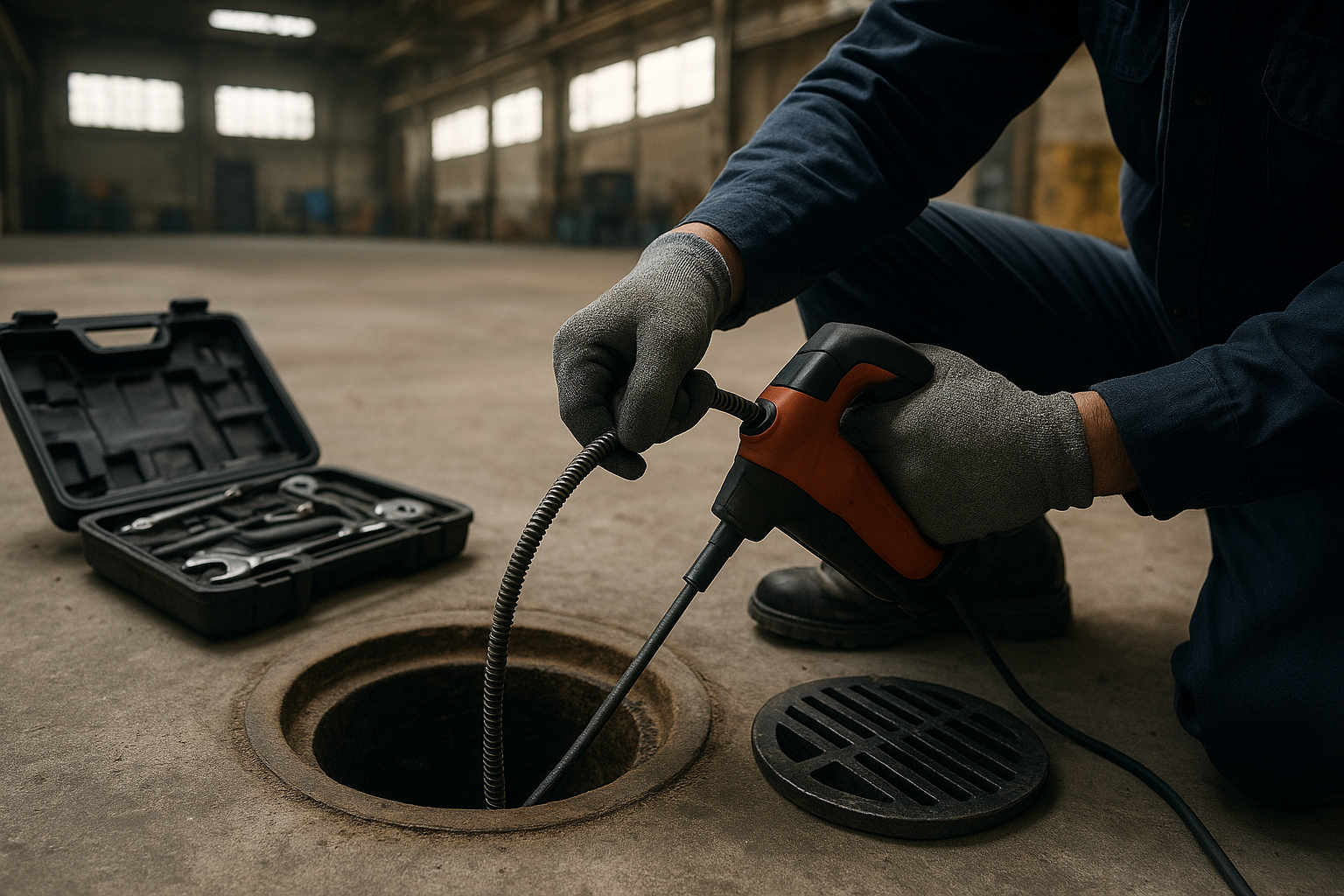 5897f897_warehouse-floor-drain-clearing Technician clearing a clogged floor drain inside a Terrell warehouse facility