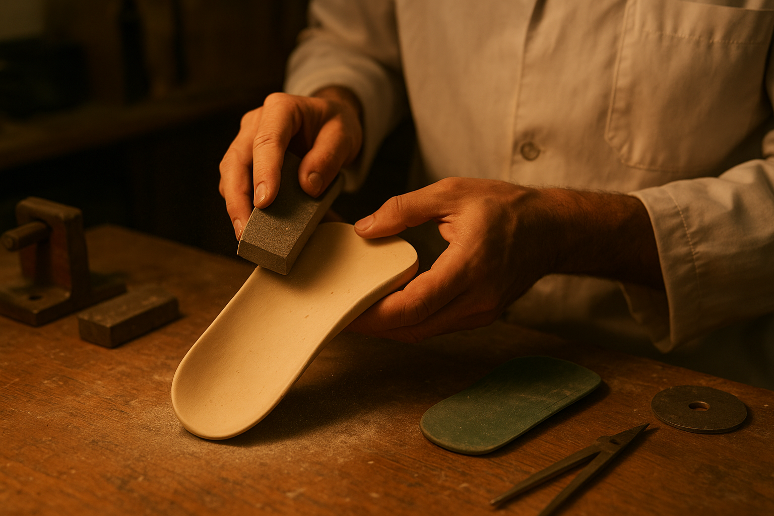 Lab technician hand-fabricating a custom orthotic shell for a patient's foot supports