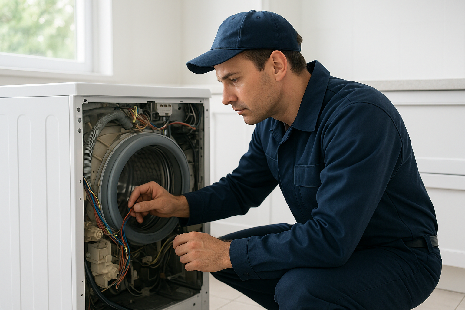 Technician performing washer repair on a front-load washing machine