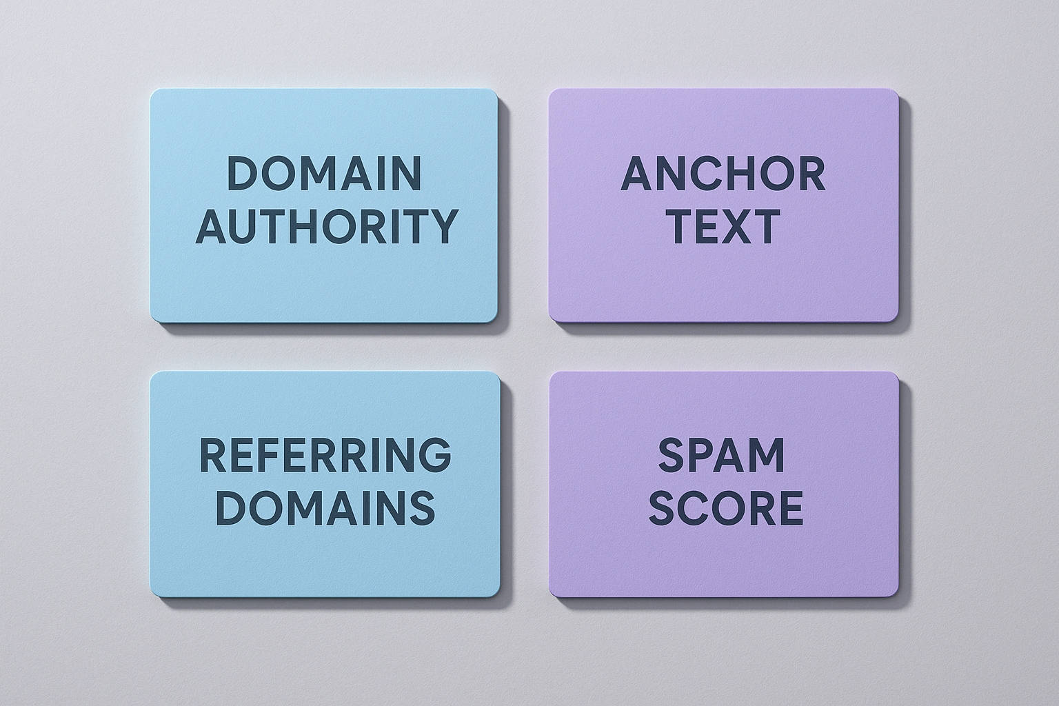 Four SEO metric cards illustrating key concepts used in backlink analysis tools