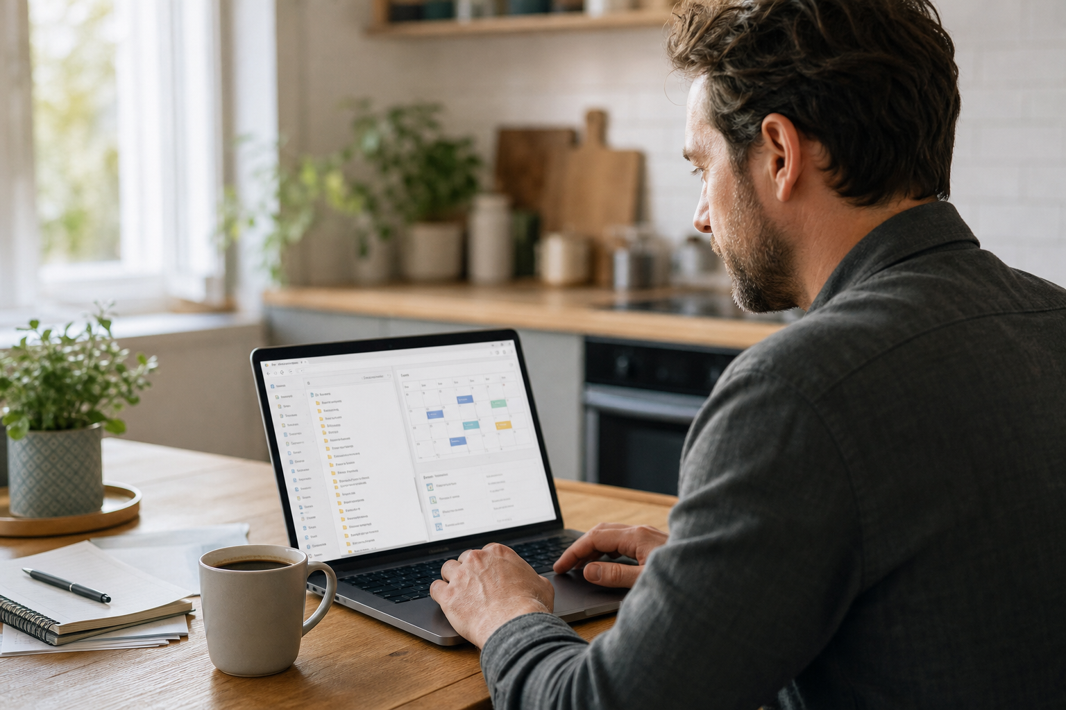 Remote employee accessing shared files and calendar through one login business software from home