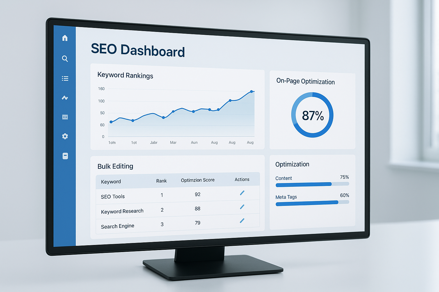 Alli AI on-page SEO automation dashboard with ranking graphs and bulk optimization controls