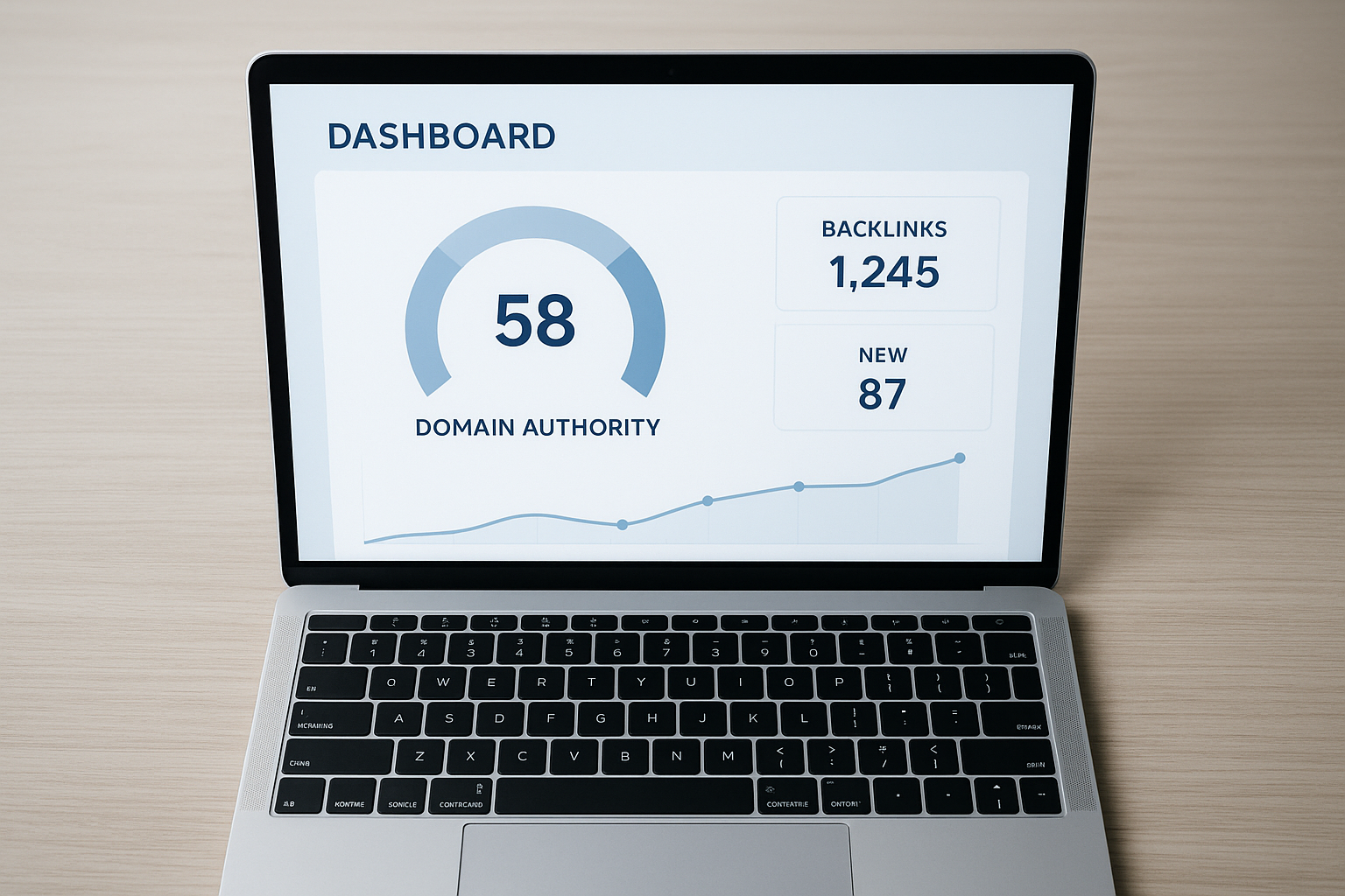 Free DA checker tool displaying a domain authority score of 58 on a modern dashboard