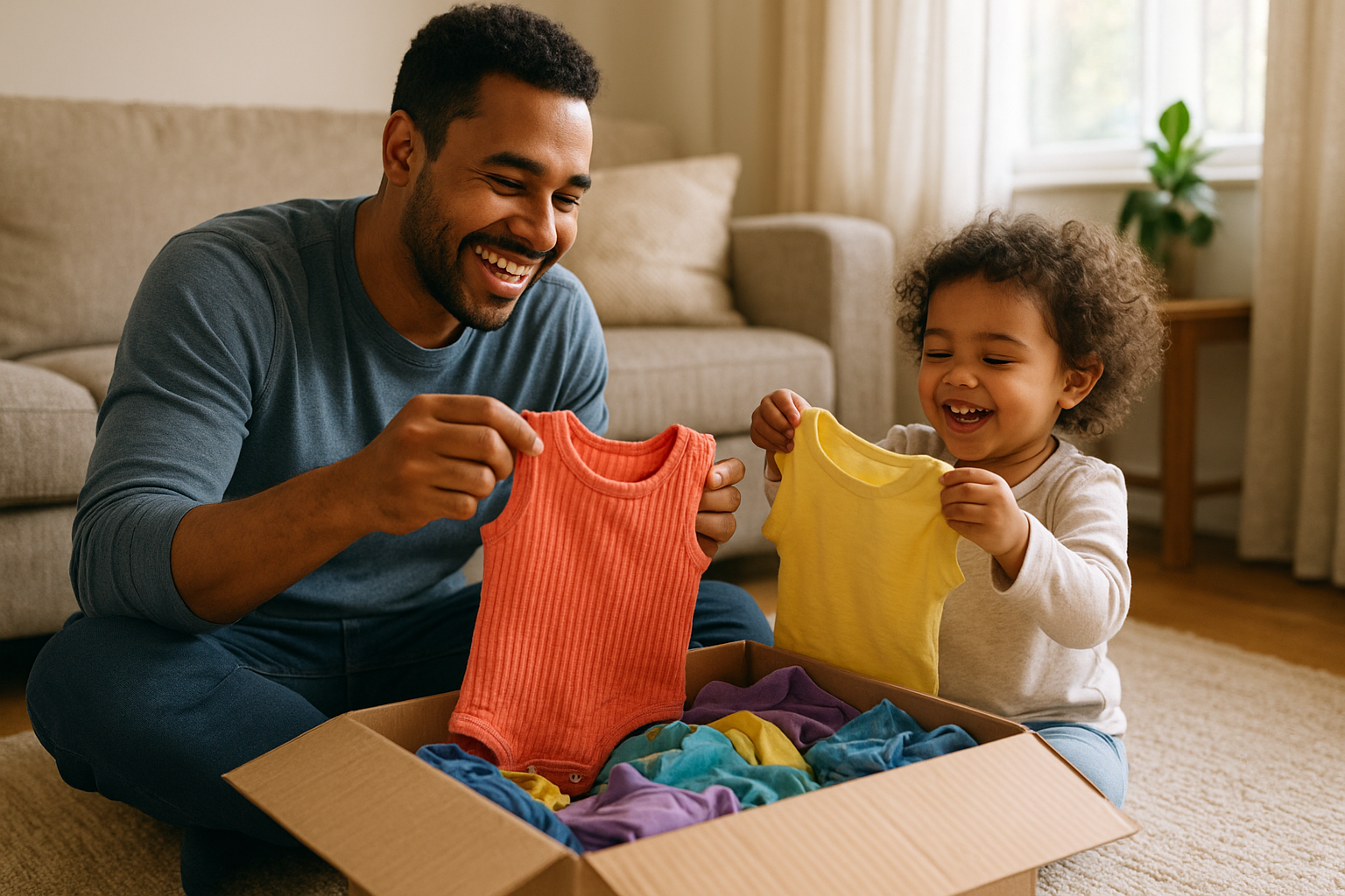 Parent and child unpacking a rental wardrobe box from a children's clothing subscription