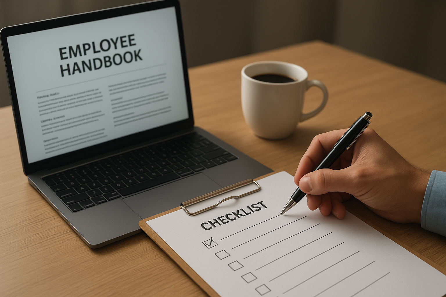 Checklist for building compliant hr guidelines next to laptop with employee handbook