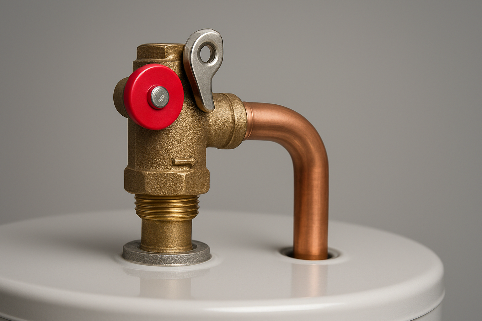 Close-up of a temperature pressure relief valve checked during a water heater inspection