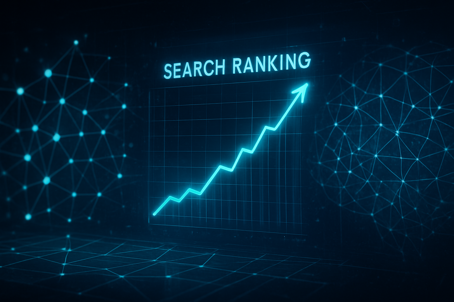 AI-driven SEO optimization dashboard showing ranking graphs and neural network data visualization