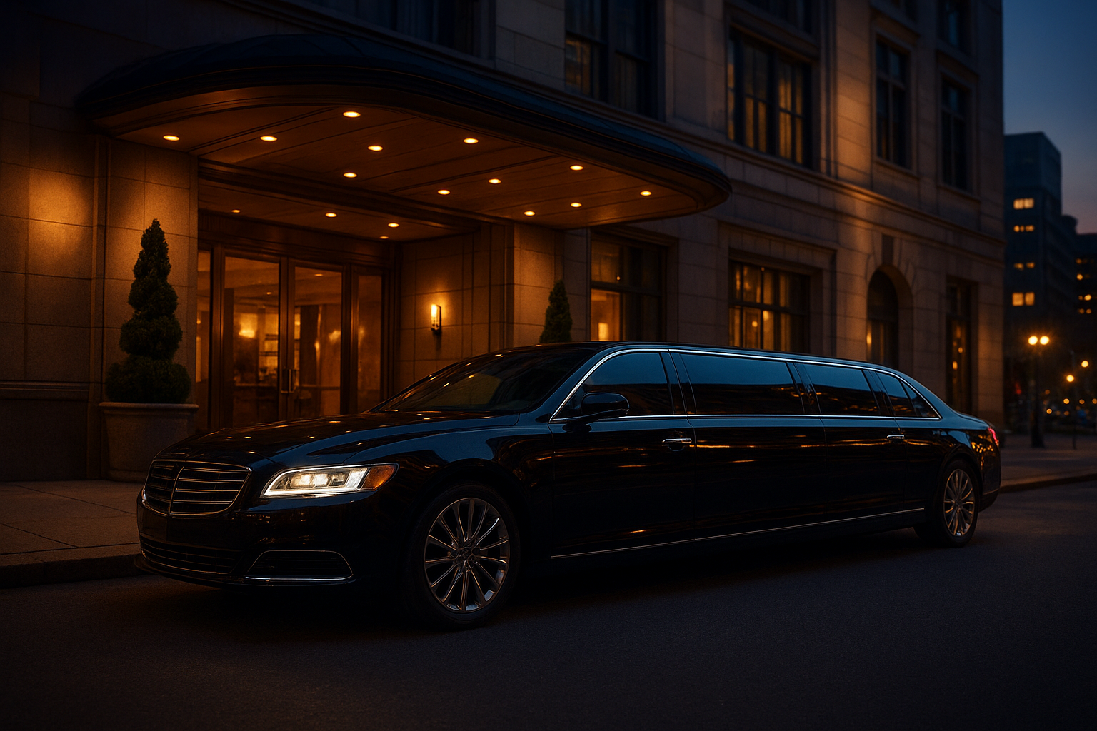 A five star limousine parked outside a Charlotte hotel entrance at dusk