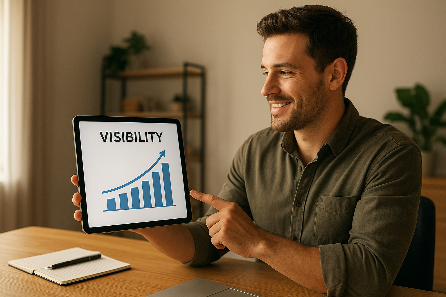 Business owner reviewing rising AI citation tracking metrics on a tablet