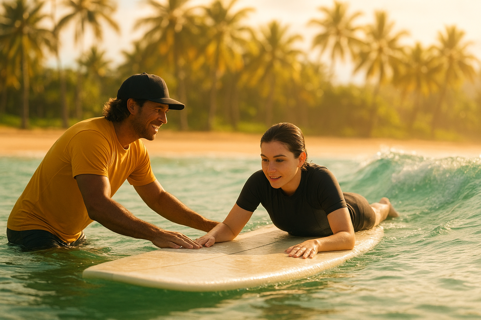 Surf instructor helping a beginner student during private surf lessons at Waikiki Beach