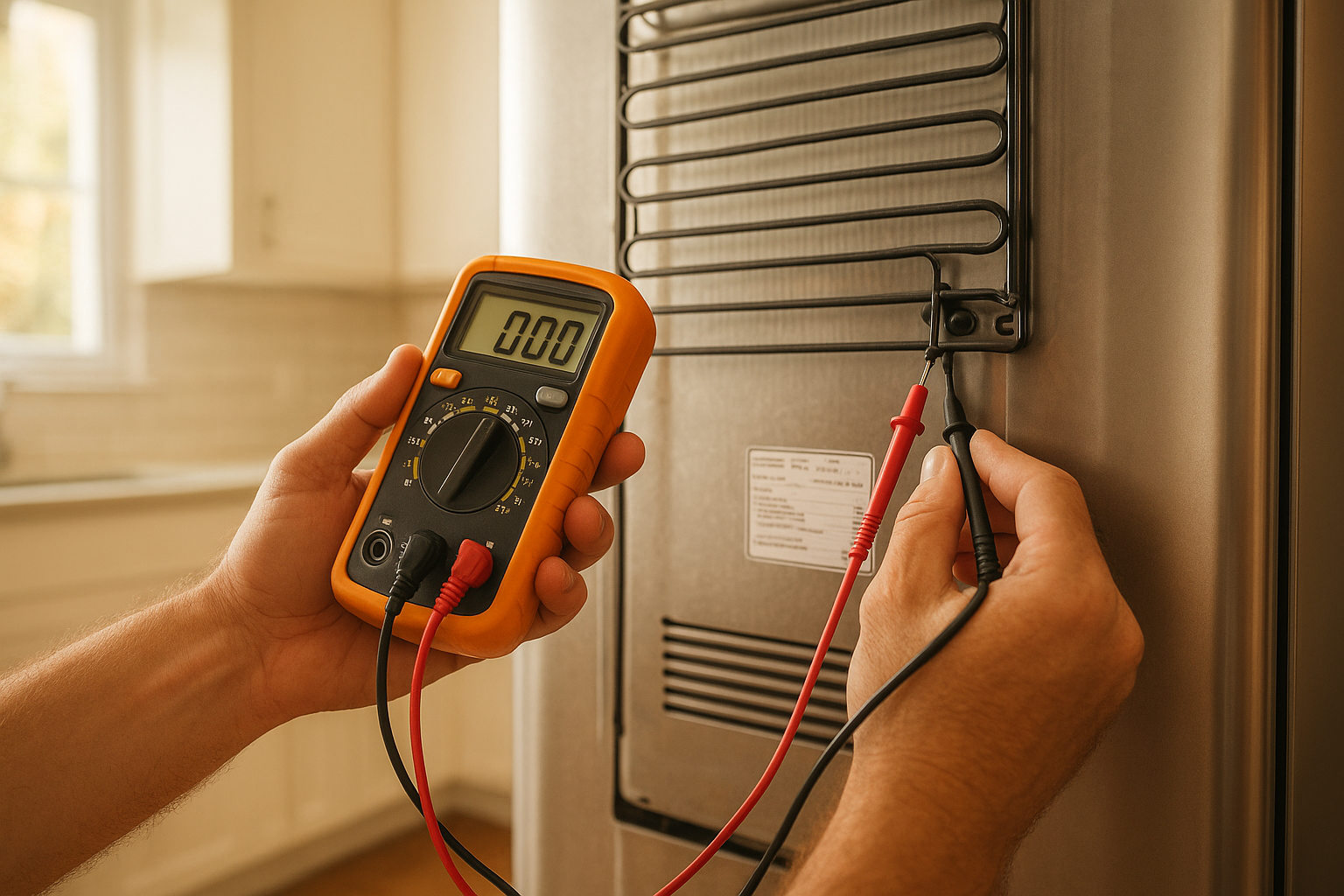 Technician performing quick appliance diagnostics on a refrigerator's electrical components