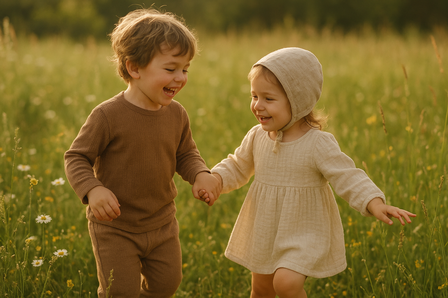 children wearing green fashion organic cotton clothes playing in a sunny meadow
