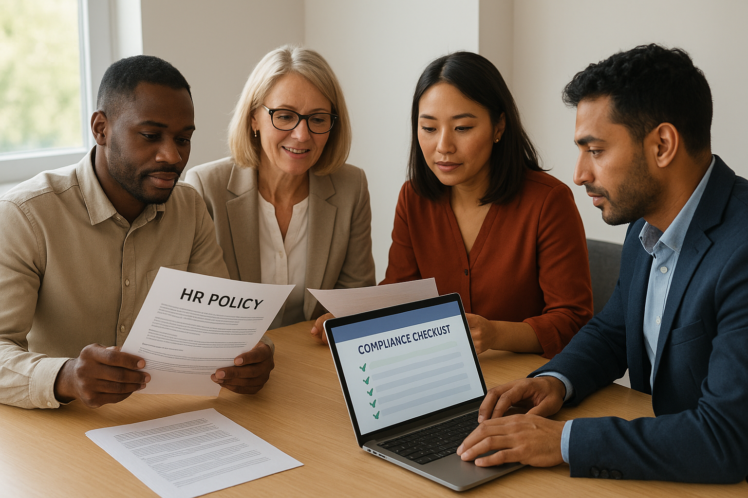 Business leaders reviewing a workforce compliance management checklist during an HR audit