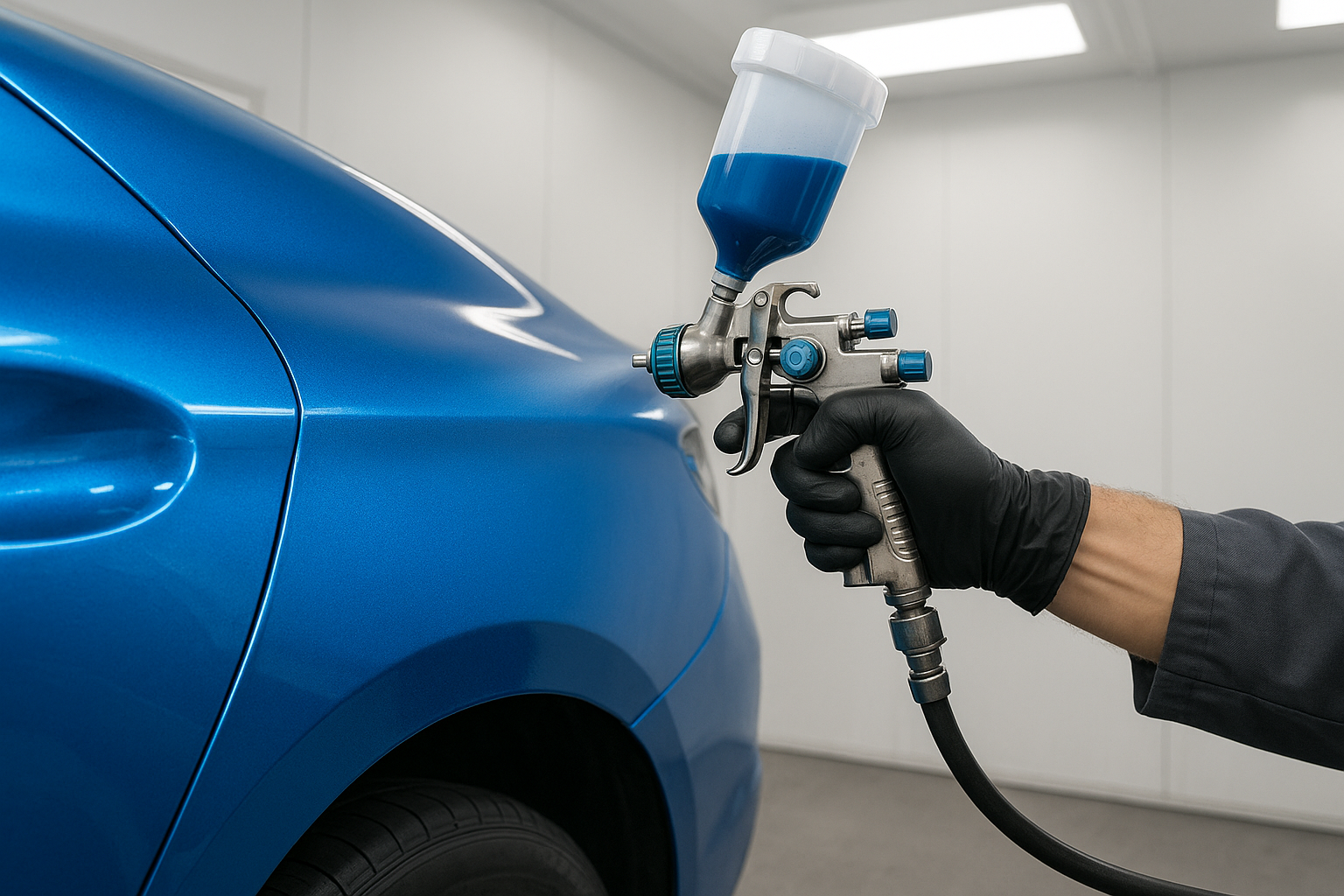 Professional auto body paint matching process in a local car bodyshop repair facility