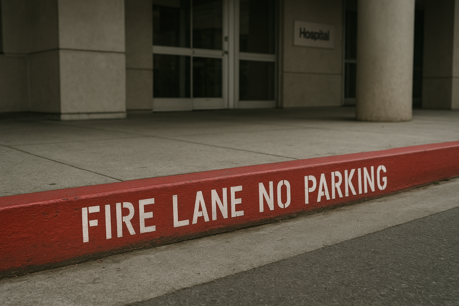 Red fire lane curb marking outside a healthcare facility entrance
