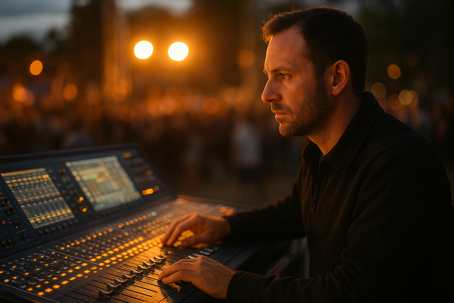 Audio engineer operating a digital mixing console at an outdoor live event production