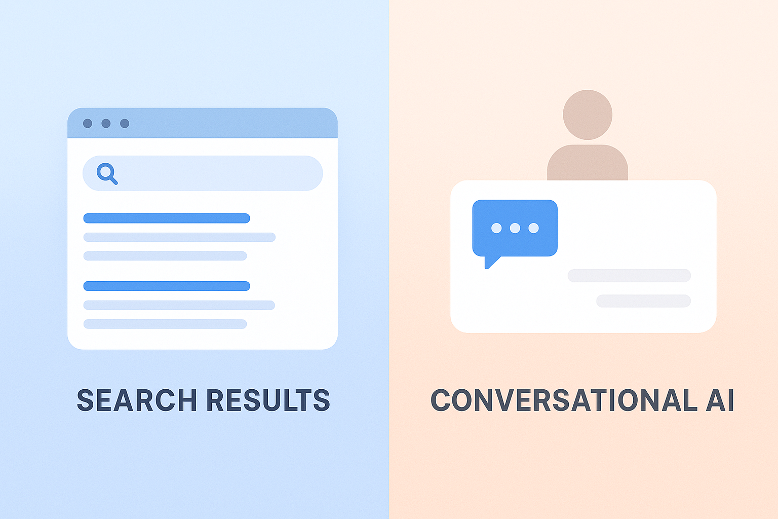 Split illustration comparing traditional search results with AI generated answer engine results