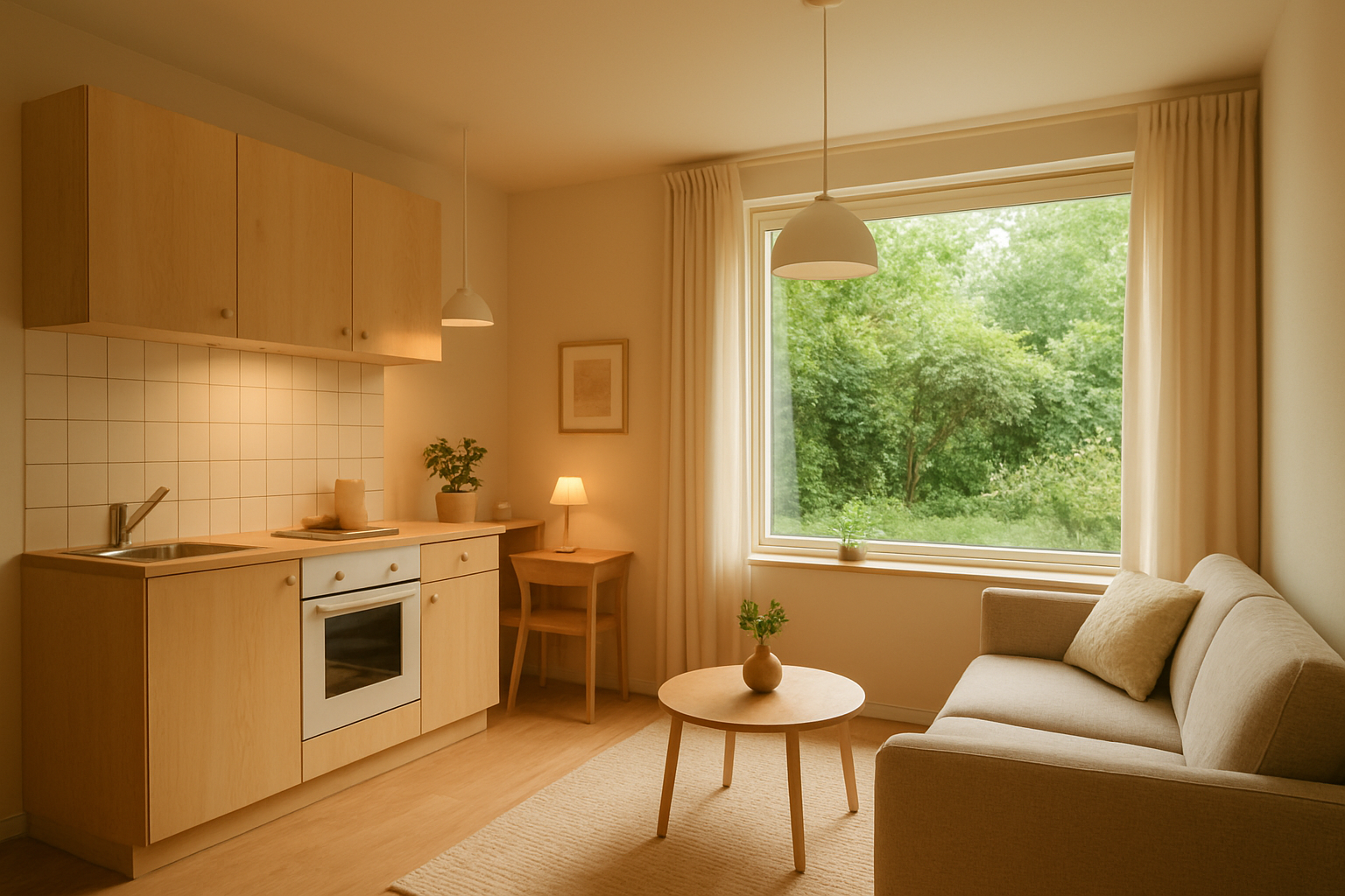 Furnished interior of a California ADU studio with compact kitchen and garden view
