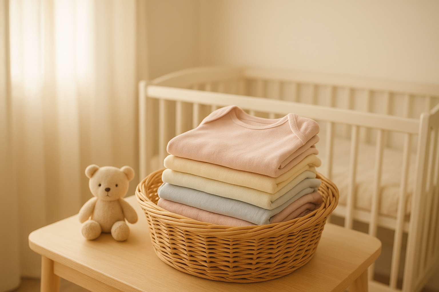 Folded pastel outfits representing baby to toddler clothing rental in a wicker basket