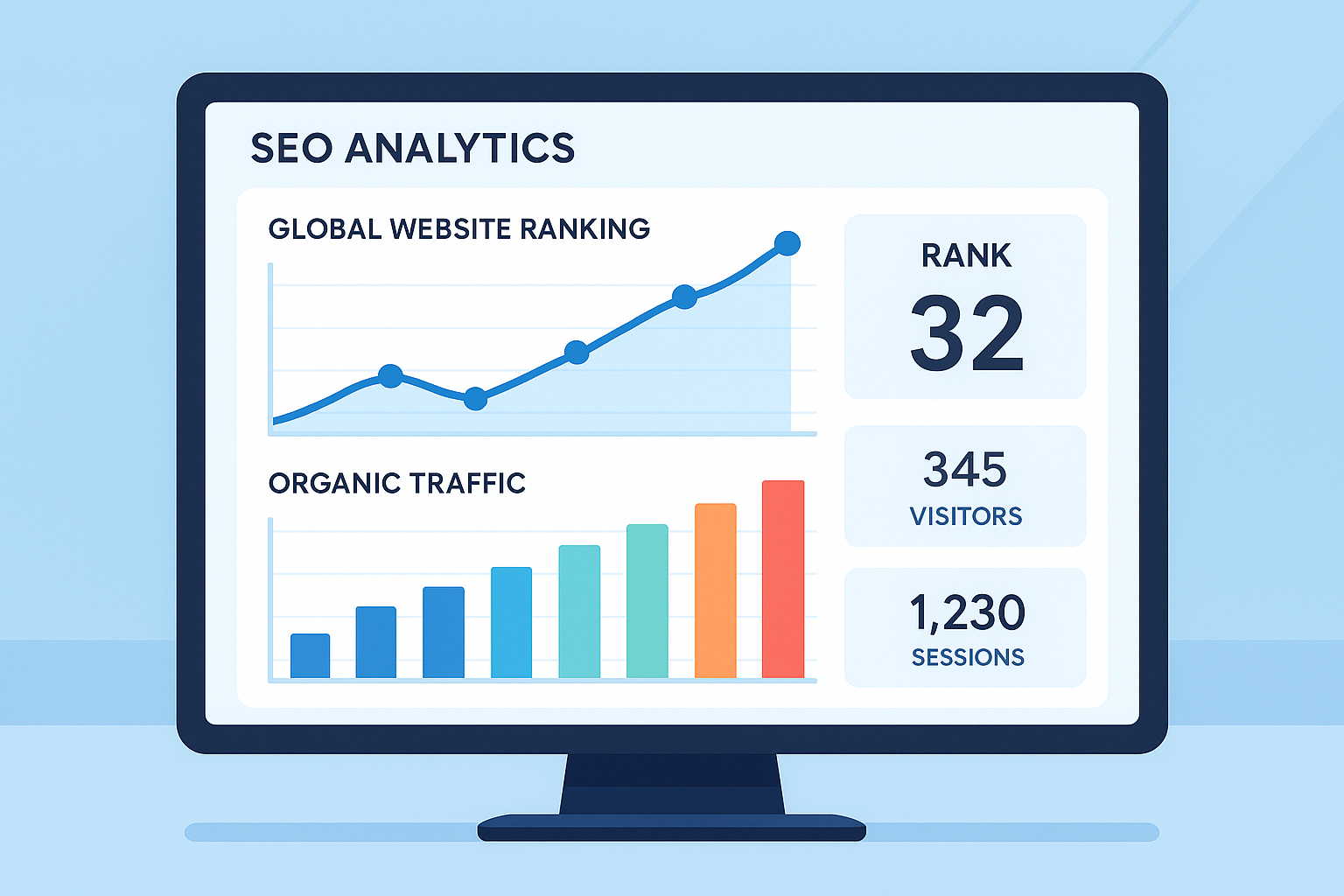 Semrush Rank dashboard overview showing organic traffic ranking metrics on a desktop monitor