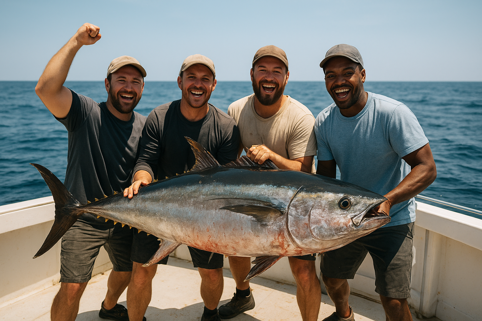 Anglers holding a large catch after comparing myrtle beach deep sea fishing prices before booking