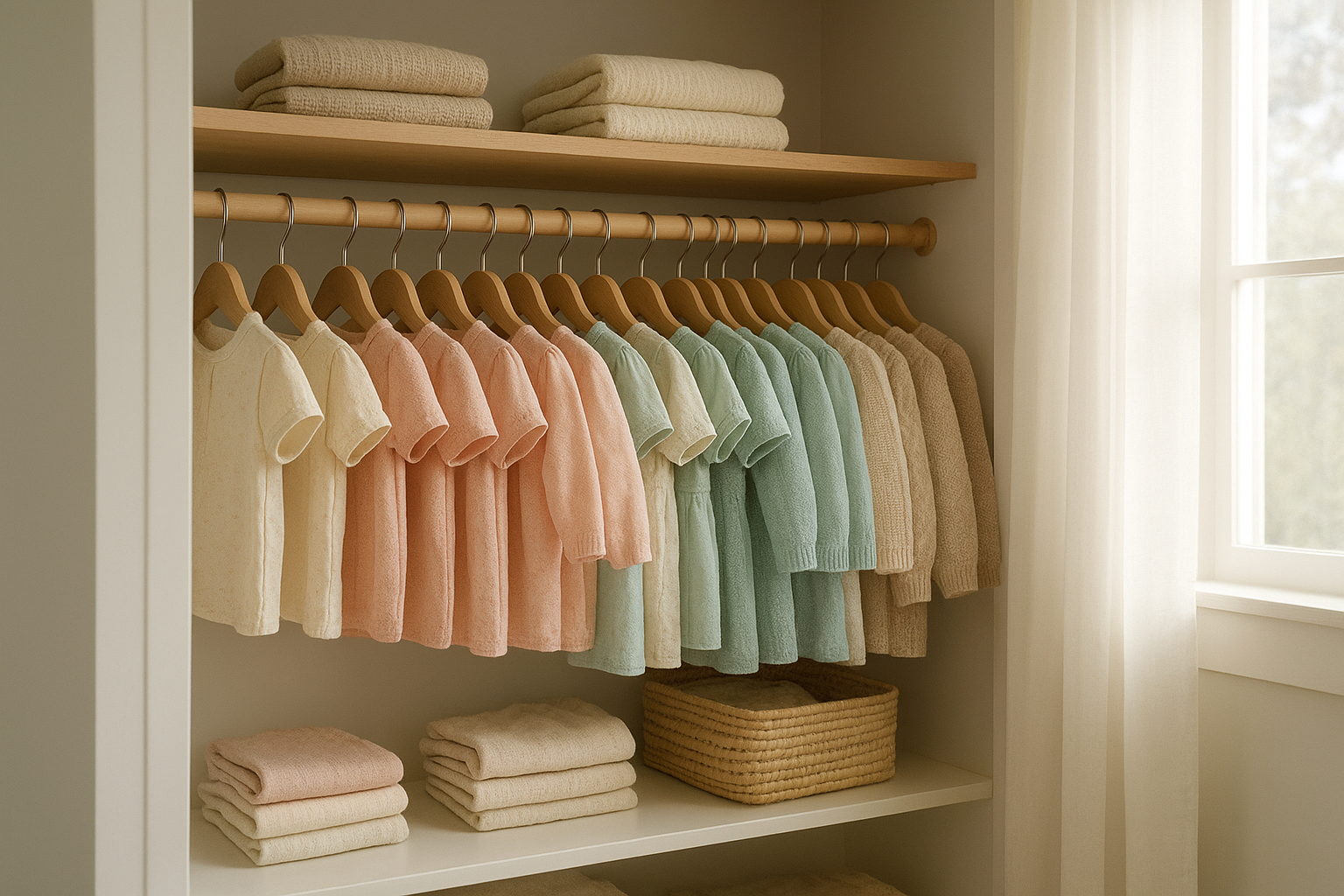 Rotating wardrobe of rented children's clothing organized by color for a kids clothing rental service