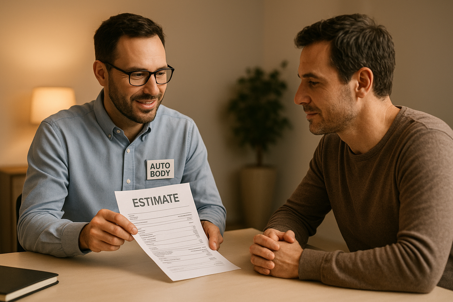 Auto body advisor providing a free insurance claim consultation to a vehicle owner