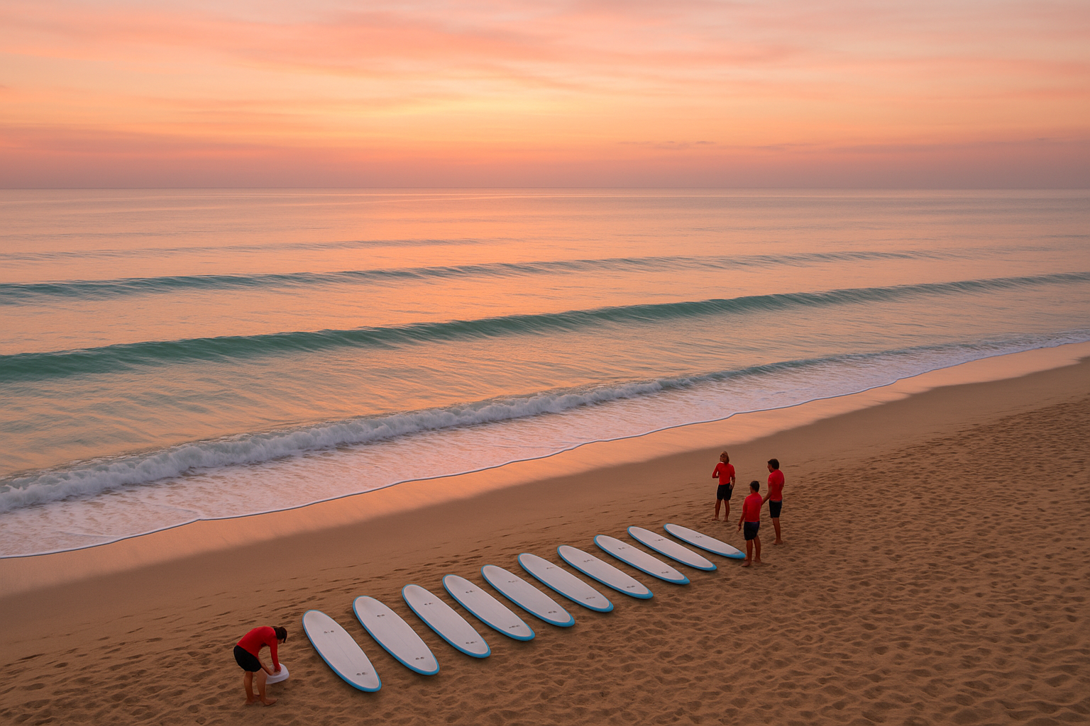 Aerial view of a beach surf school setup at sunrise with foam boards ready for morning lessons