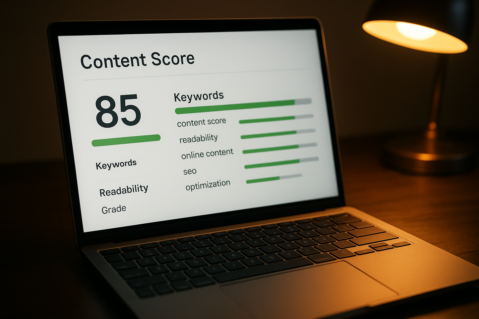 Close-up of a content scoring interface showing semantic keyword recommendations and readability scores