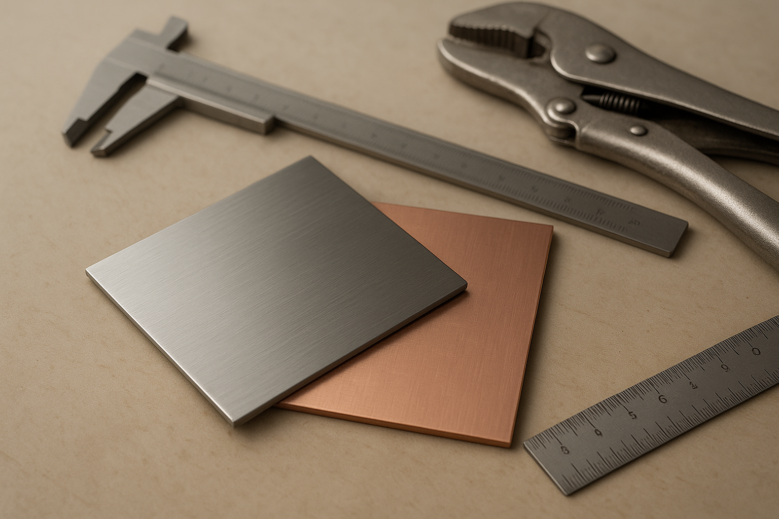 Stainless steel and copper samples used for custom metal installation southern california projects