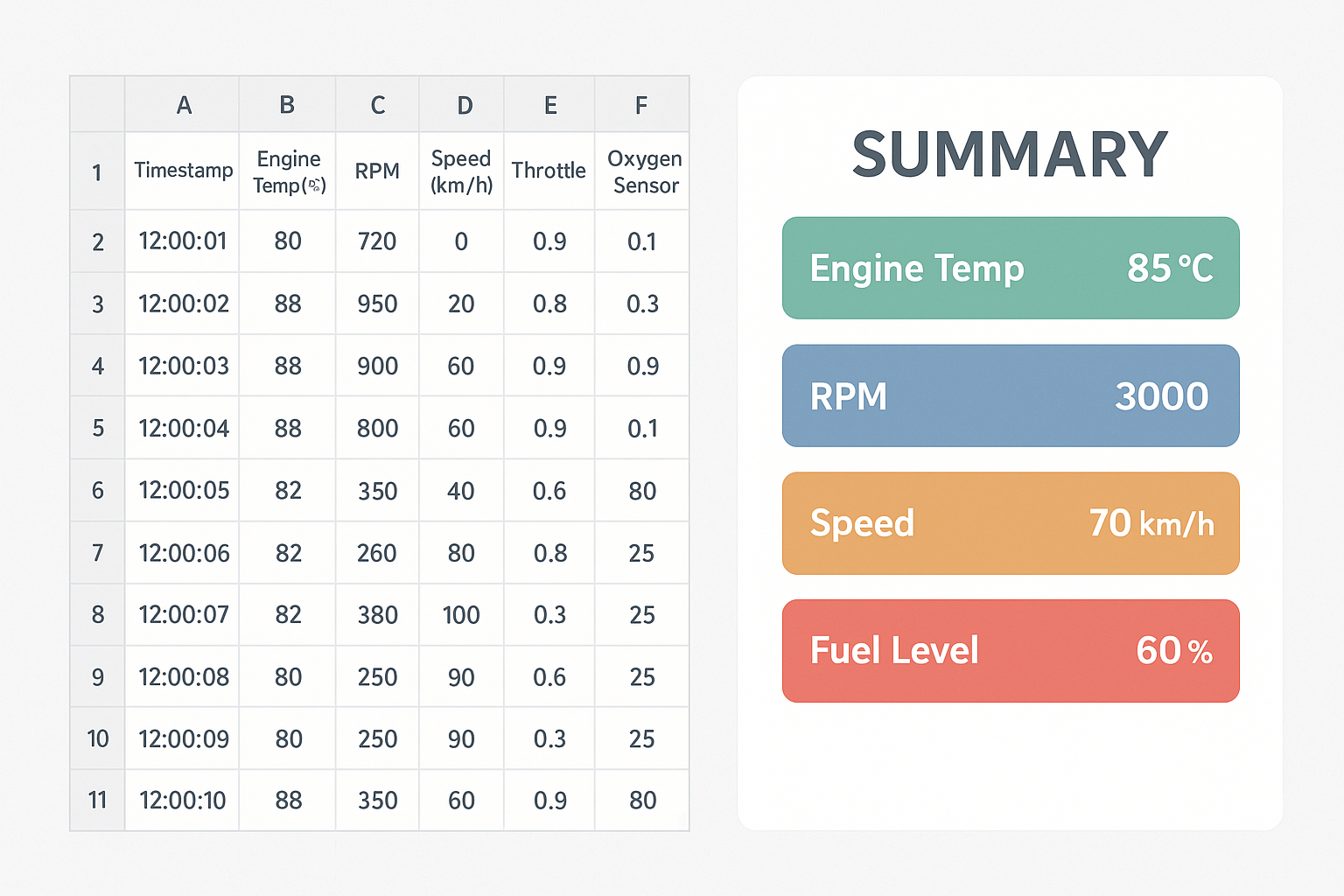 Comparison between raw datalog spreadsheet data and a simplified street tuned ai summary report