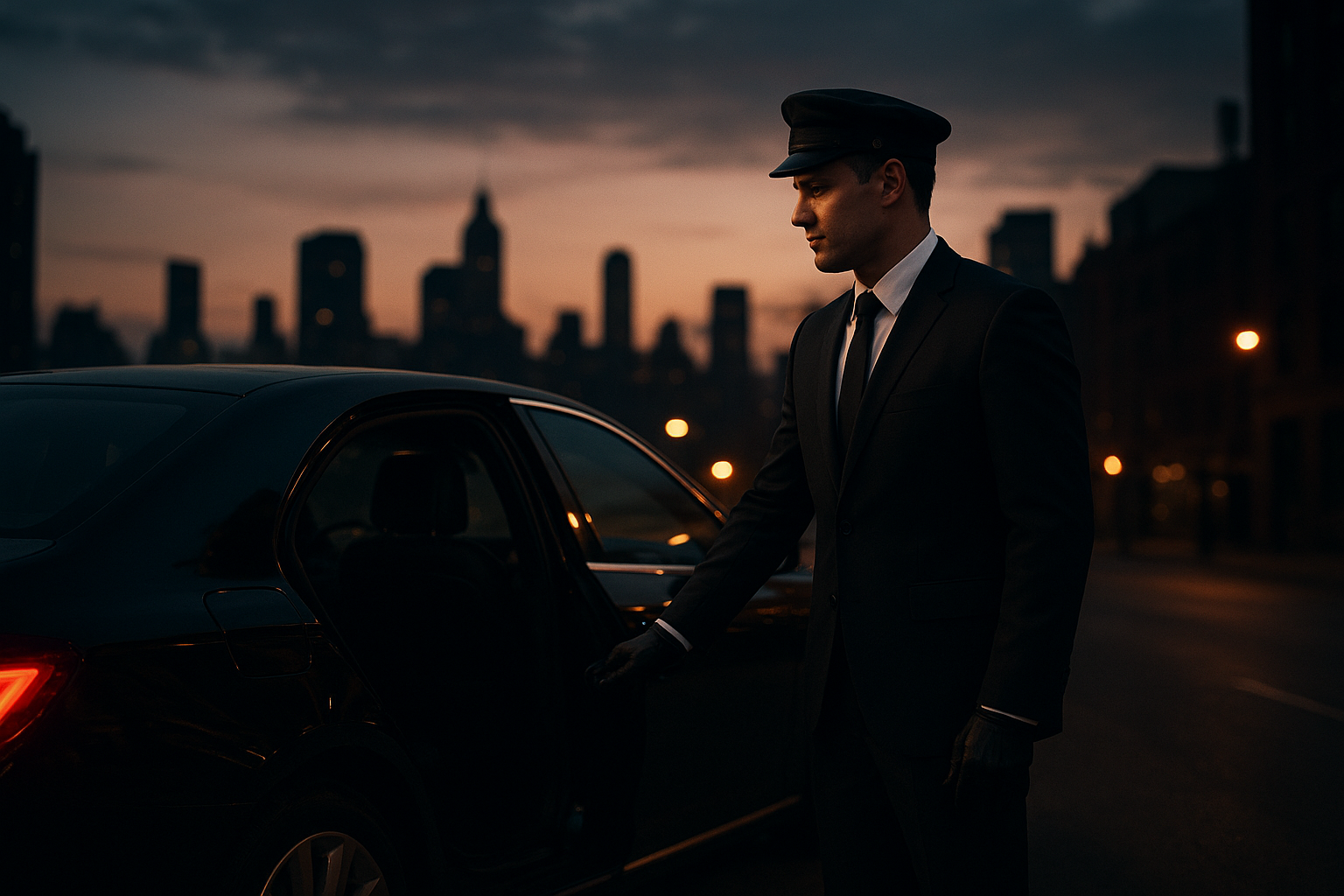 Professional chauffeur opening the door of a luxury sedan on a Charlotte city street