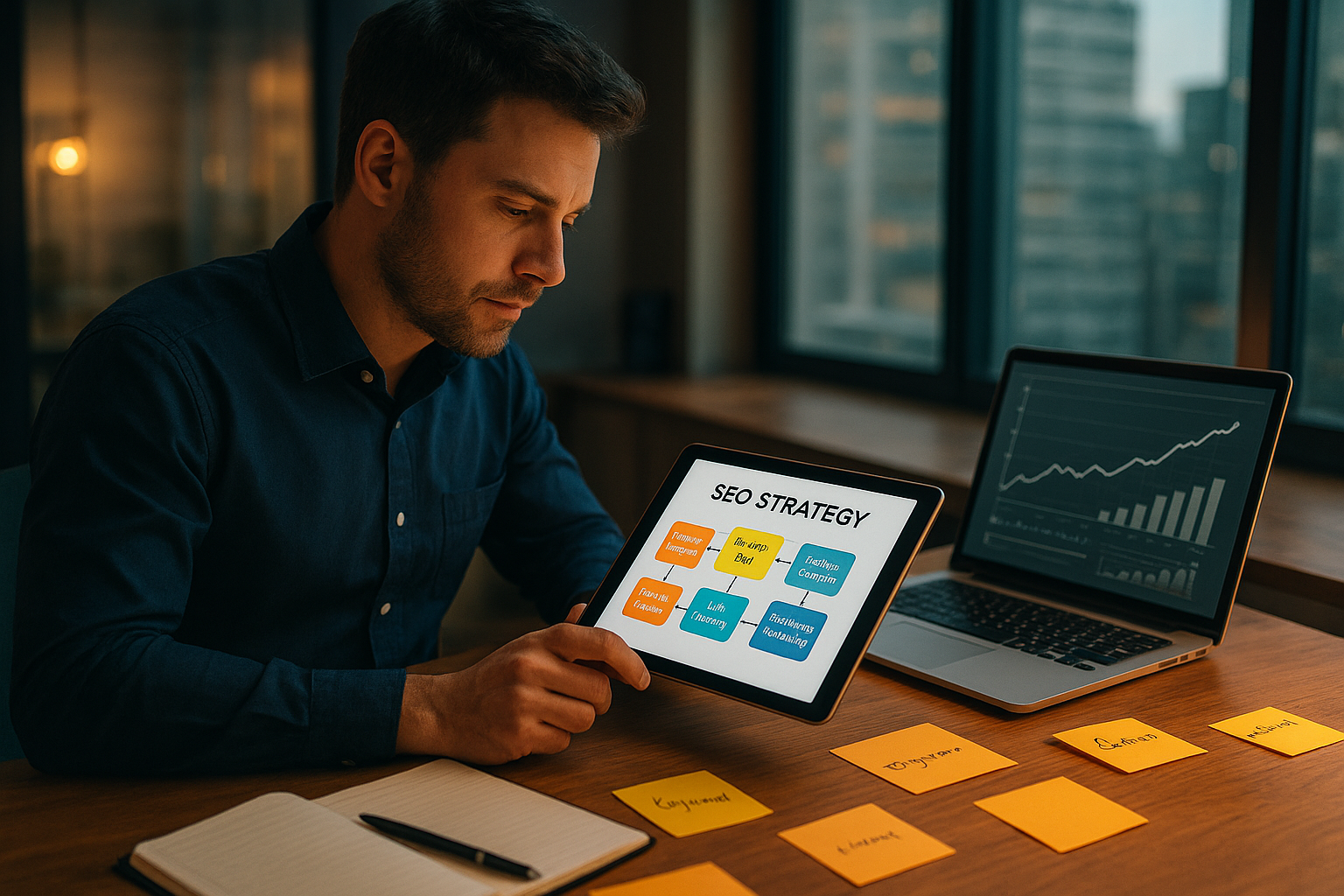 Perth business owner reviewing an AI-powered local SEO strategy roadmap on a tablet